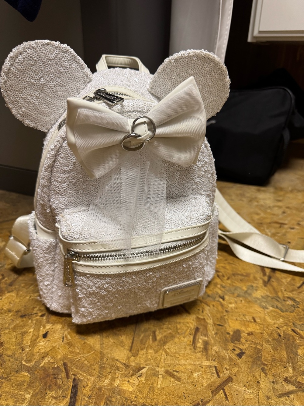 White Sequin loungefly Minnie Ear Mini Backpack with Bow